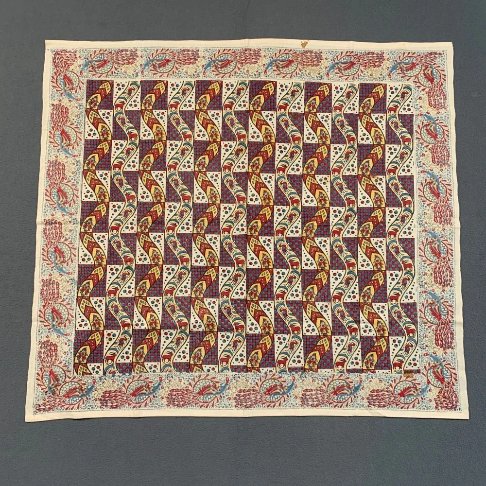 Unbranded Kalamkari Block Print Scarf Unisex OS Peacocks Folk Art Boho Cream Red